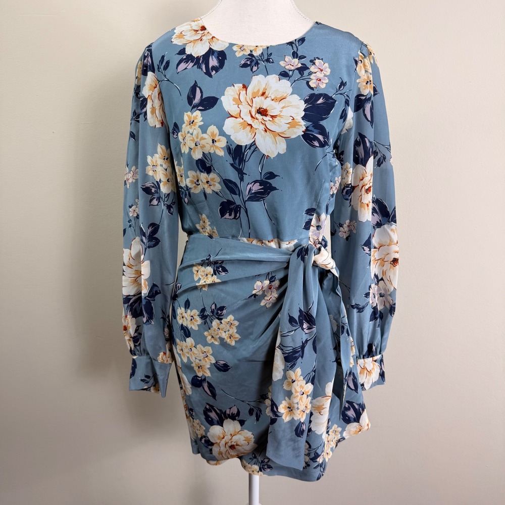 REVOLVE Yumi Kim Blue Floral Silk Long Sleeve Wrap Mini Dress Side Tie Size M